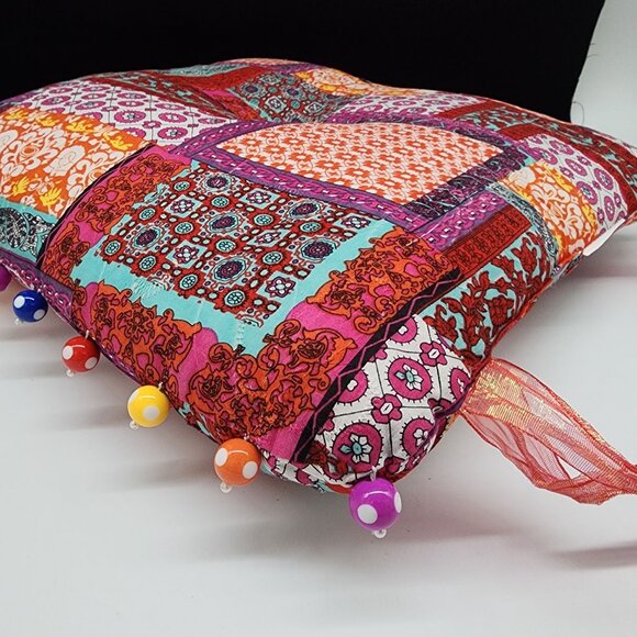 Boho Colorful Patchwork Chair Square Pillow With Ribbon Ties & Beaded Trim - Picture 5 of 6